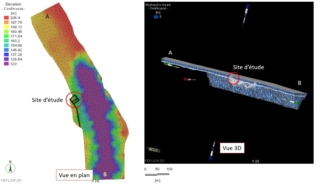 Modèle hydrodynamique FEFLOW: élévation du toit du substratum rocheux (à gauche) et vue 3D de la géométrie de la nappe alluviale